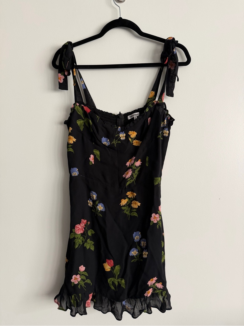 Reformation Black Floral Tie-Shoulder Mini Dress
